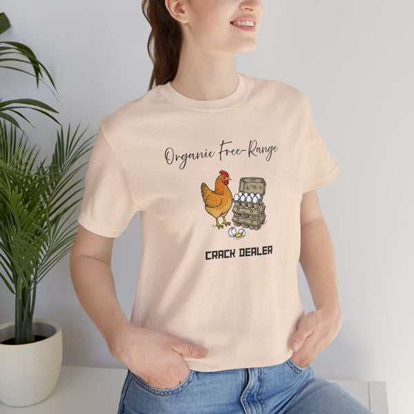 Light beige chicken graphic T-shirt close-up with 'Organic free-Range' and 'CRACK DEALER'
