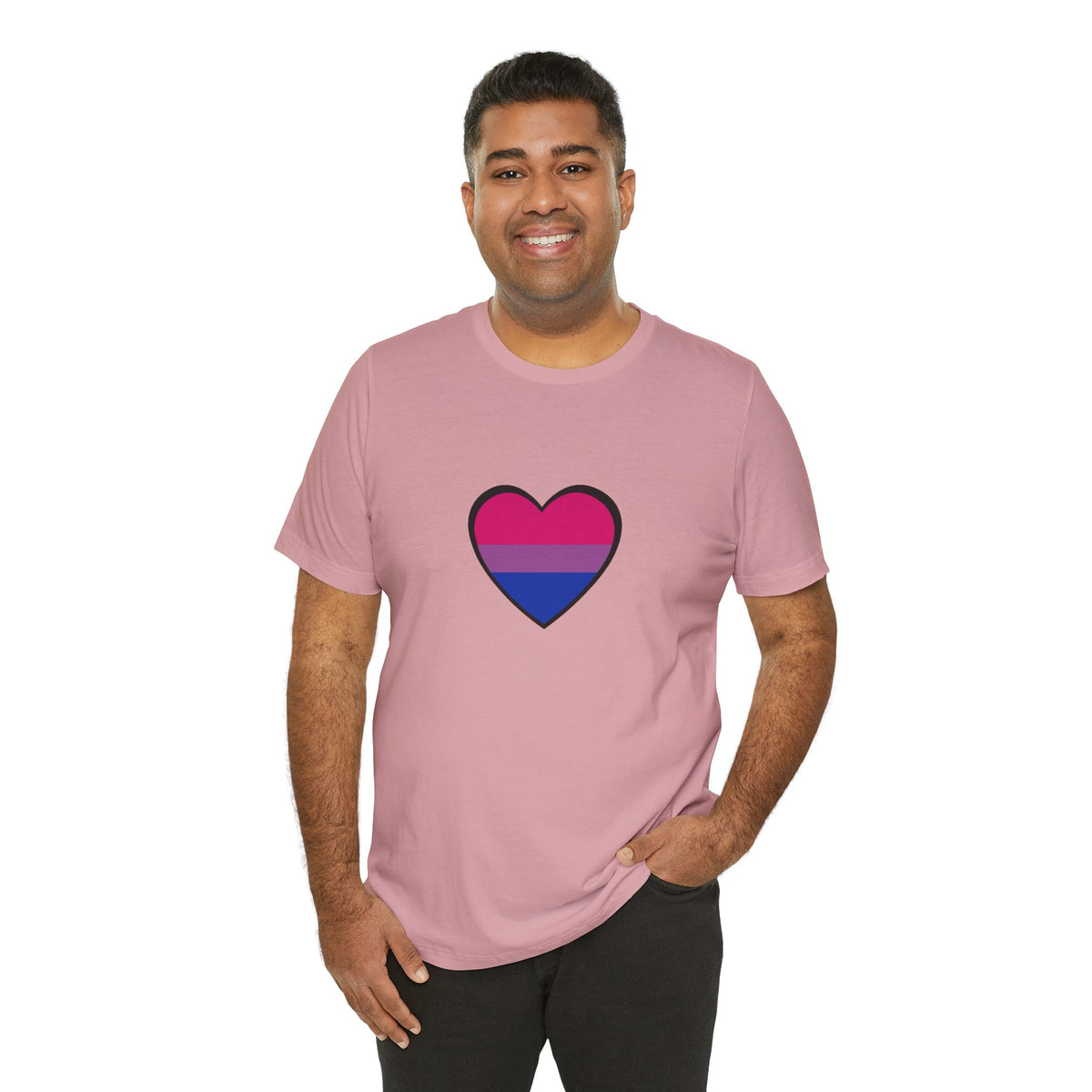 Soft pink crewneck T-shirt with bisexual pride heart graphic front