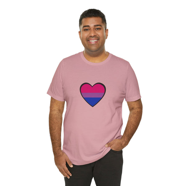 Soft pink crewneck T-shirt with bisexual pride heart graphic front