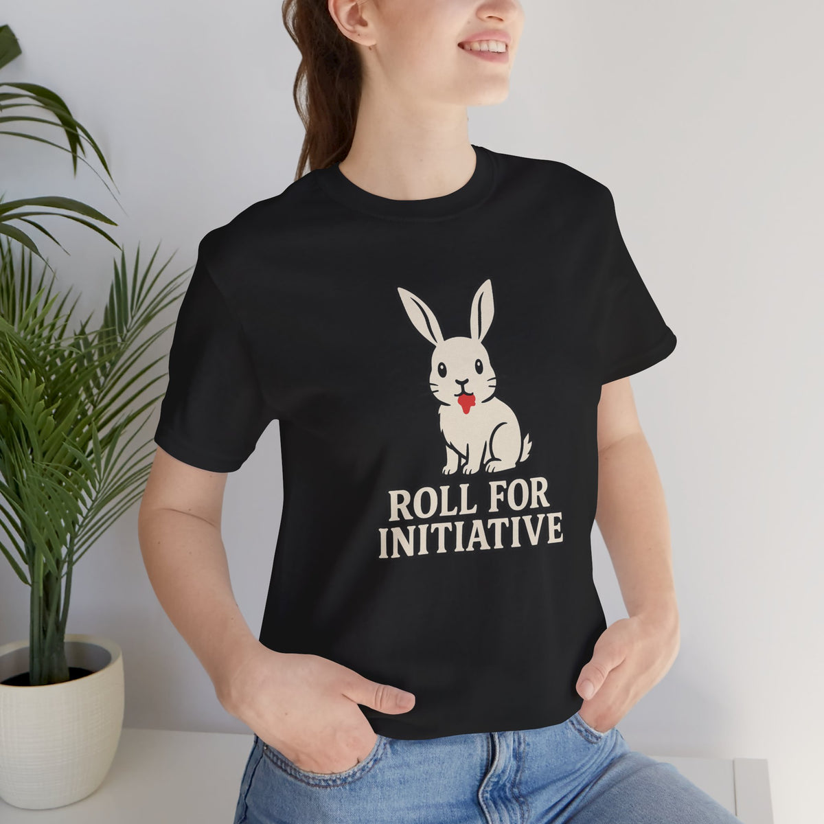 Black crew-neck t-shirt, bunny graphic with “Roll for Initiative” printed on front.