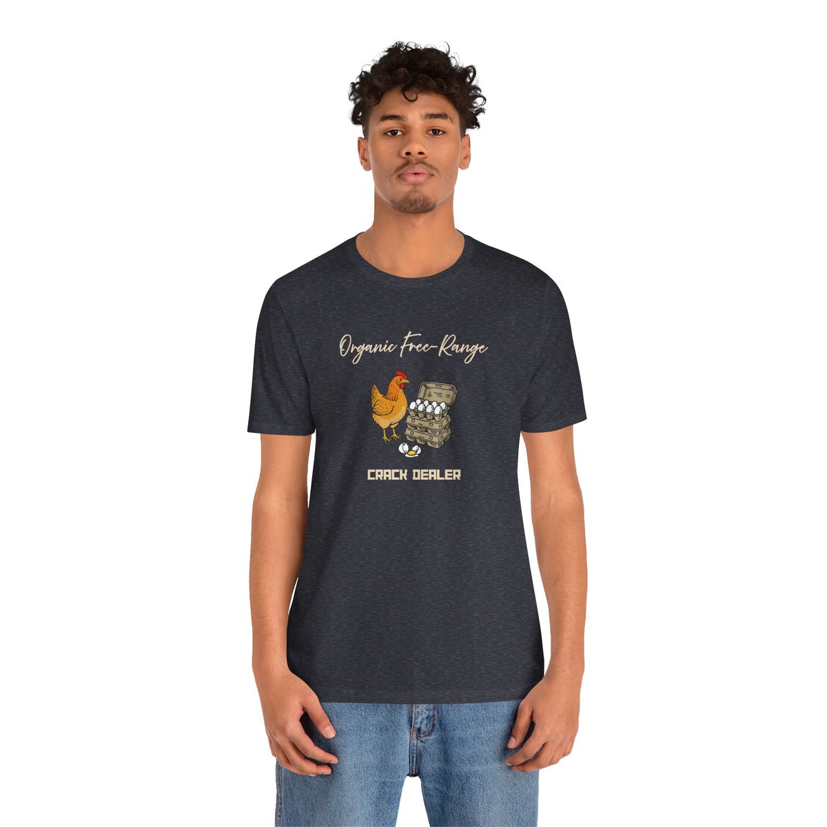 Dark gray short-sleeve T-shirt featuring hen and egg graphics with "CRACK DEALER"