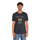 Dark gray short-sleeve T-shirt featuring hen and egg graphics with 