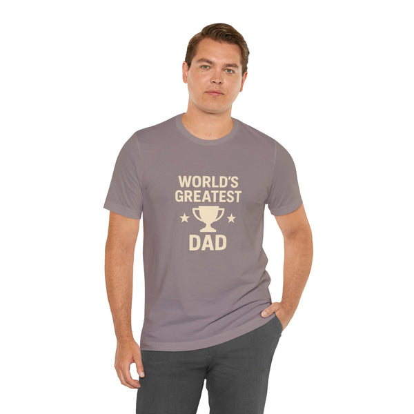 Purple-gray crewneck T-shirt with trophy and stars "WORLD'S GREATEST DAD" graphic