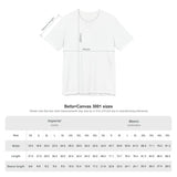 White t-shirt flat lay with size chart overlay and “Espresso Patronum” coffee cup graphic