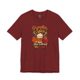 Burgundy T-shirt with “Pumpkin Spice Has Entered the Chat” graphic on the chest