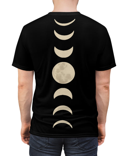 Black unisex T-shirt with moon phases graphic on the back, cream crescent shapes