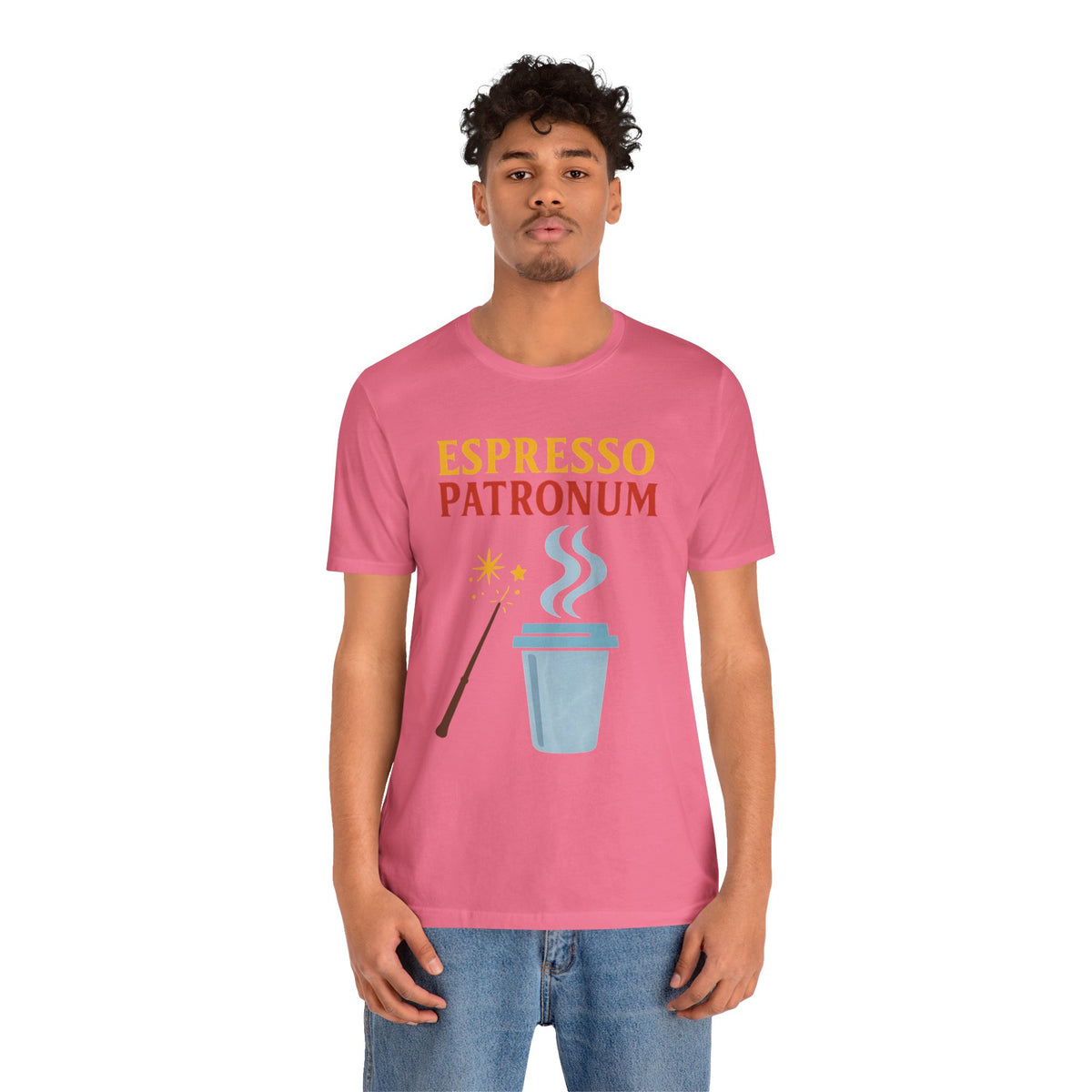 Pink crew-neck T-shirt with large front espresso graphic, wand and steaming cup
