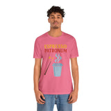 Pink crew-neck T-shirt with large front espresso graphic, wand and steaming cup