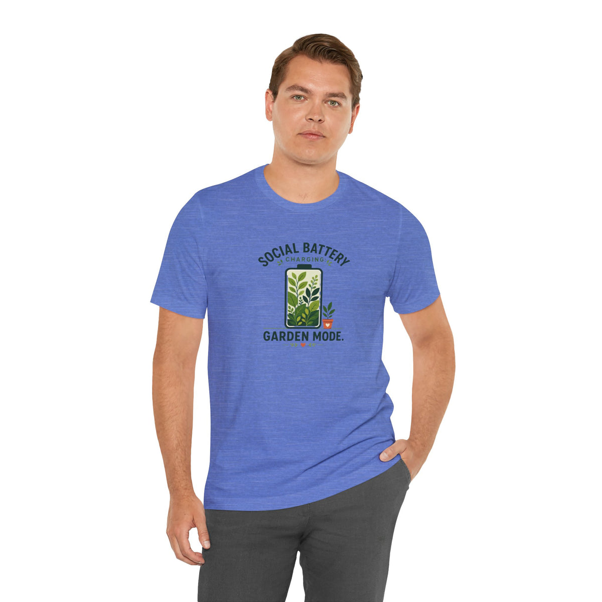 Blue crew-neck T-shirt with “Social Battery” garden mode text and plant graphic