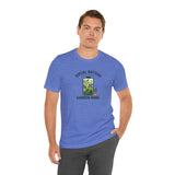 Blue crew-neck T-shirt with “Social Battery” garden mode text and plant graphic
