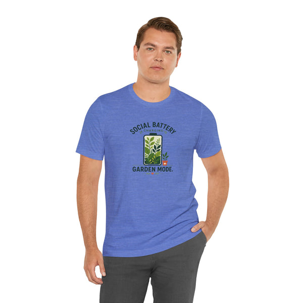 Blue crew-neck T-shirt with “Social Battery” garden mode text and plant graphic