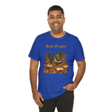 Royal blue t-shirt with dragon and book stack graphic, front view on male model