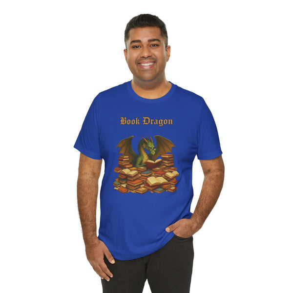 Royal blue t-shirt with dragon and book stack graphic, front view on male model
