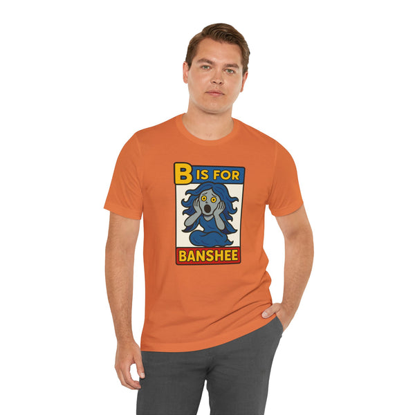 Burnt orange crewneck T-shirt featuring “B is for Banshee” illustrated front graphic