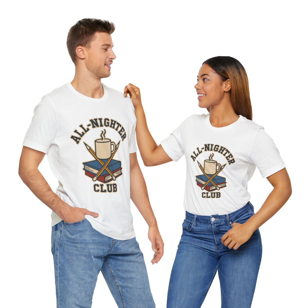 Couple wearing white short-sleeve t-shirts with “All-Nighter Club” coffee and books graphic