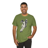 Olive green crew-neck T-shirt with gray tentacled figure graphic, model wearing it
