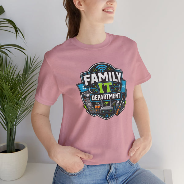 Mauve crewneck t-shirt with “Family IT Department” emblem, close-up on upper front