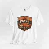White crew-neck T-shirt with “Pumpkin Patch Social Club” pumpkin graphic chest print
