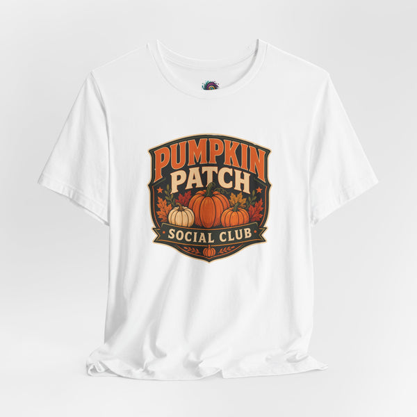 White crew-neck T-shirt with “Pumpkin Patch Social Club” pumpkin graphic chest print
