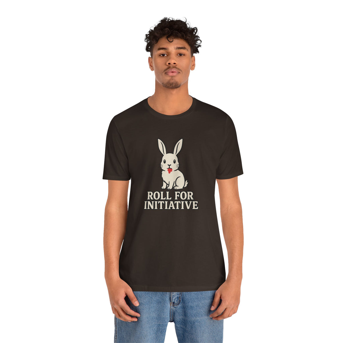Black crew-neck T-shirt worn by man with rabbit graphic and "Roll for Initiative" text