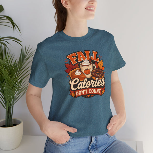 Heather teal crewneck T-shirt with 'FALL Calories DON'T COUNT' fall food logo print