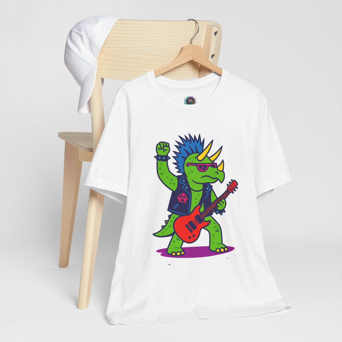 White crewneck T-shirt with triceratops punk rocker holding a red electric guitar graphic
