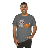 Heather gray crew-neck t-shirt featuring a cat and turkey illustration
