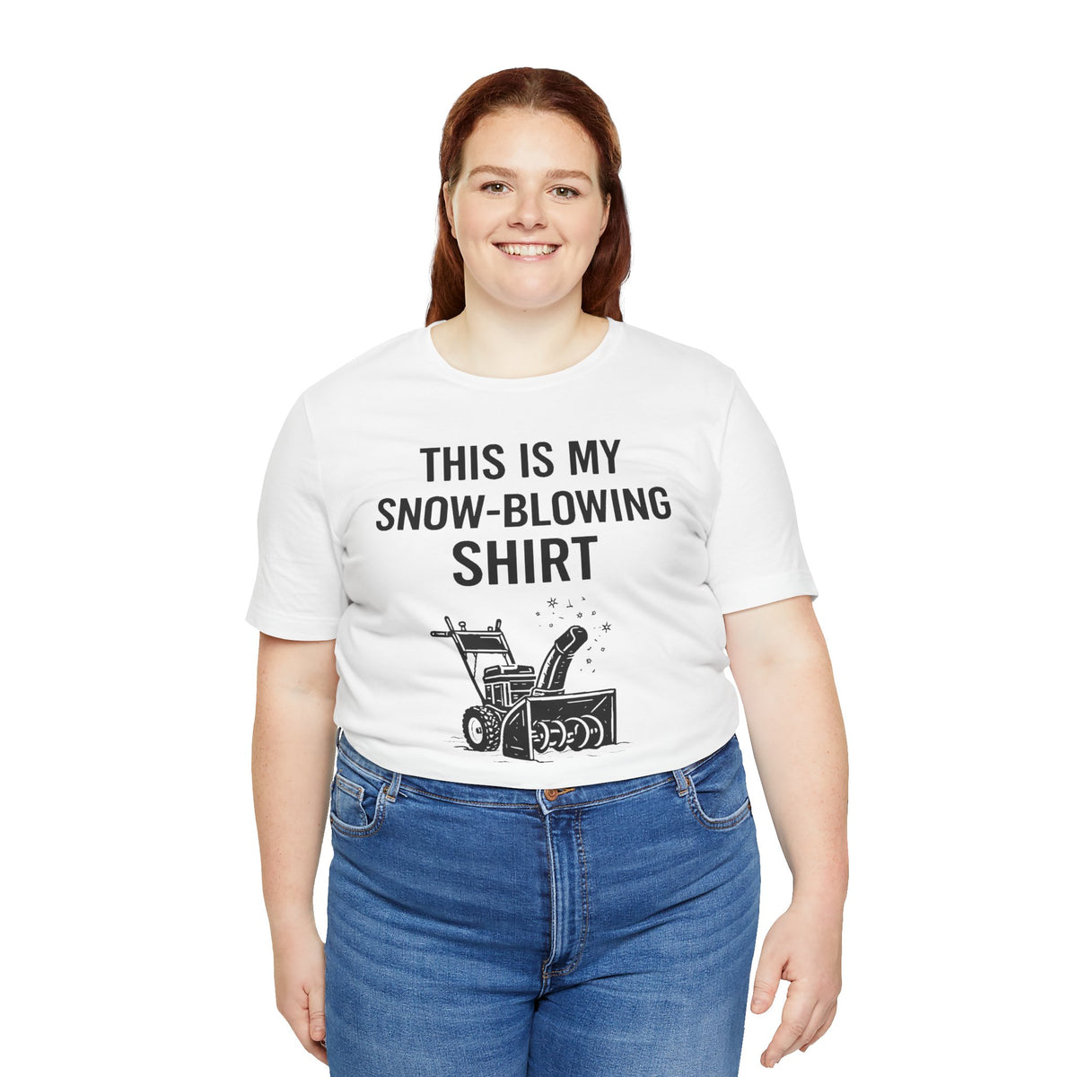 White T-shirt with snow-blowing graphic and bold front slogan