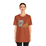 Rust orange cat and turkey graphic T-shirt, crew neck short-sleeve, front model