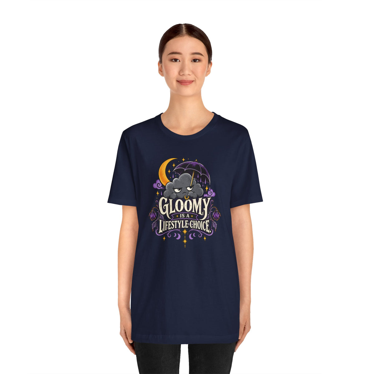 Navy crewneck T-shirt with centered goth cat, moon, and bat graphic on front