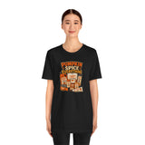 Black crewneck T-shirt with pumpkin-spice everything graphic on chest