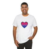 White crew-neck T-shirt with bisexual pride flag heart graphic print on the chest.