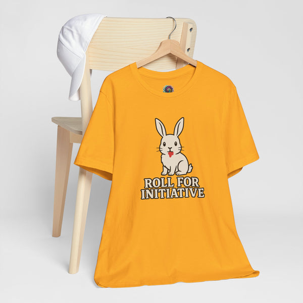 Orange T-shirt with bunny graphic and "ROLL FOR INITIATIVE" text, crew neck
