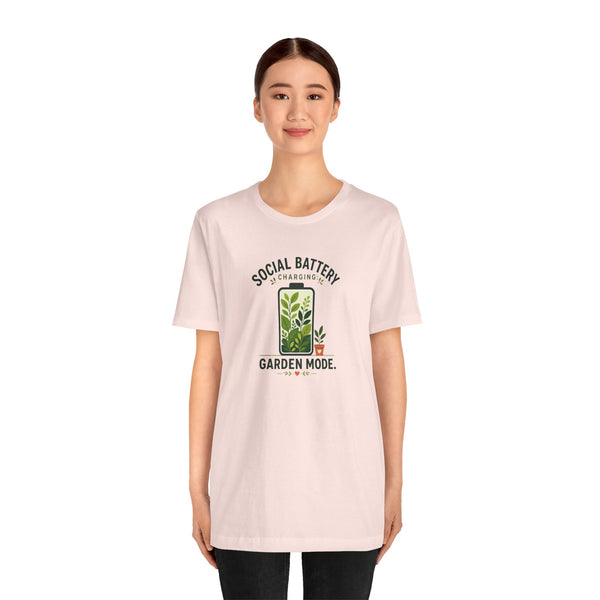 Light pink crew-neck T-shirt with “Garden Mode” plant icon and slogan print