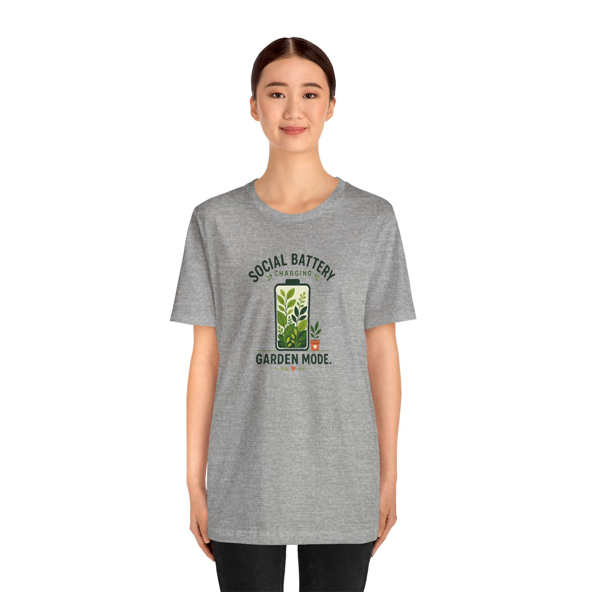 Heather gray short-sleeve T-shirt with garden mode battery graphic at center