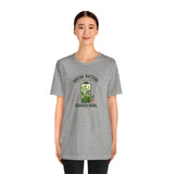 Heather gray short-sleeve T-shirt with garden mode battery graphic at center