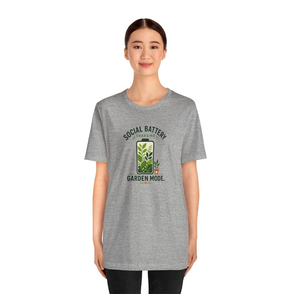 Heather gray short-sleeve T-shirt with garden mode battery graphic at center