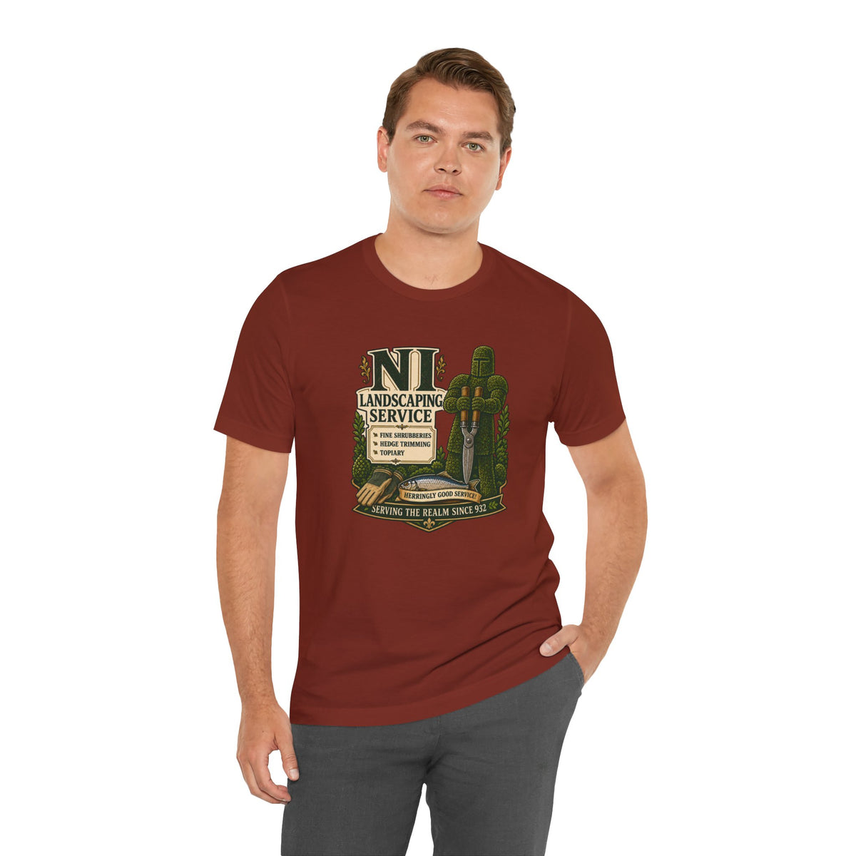 Rust-brown crewneck T-shirt with “NI Landscaping Service” graphic, relaxed side pose
