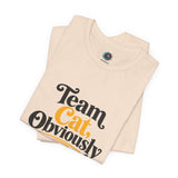 Light cream folded crewneck t-shirt with 'Team Cat, Obviously' cat slogan print