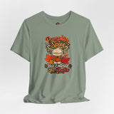 Sage green crew-neck short-sleeve T-shirt with colorful fall coffee chat graphic