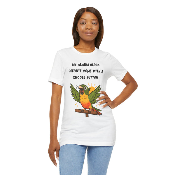 White crewneck T-shirt with green parrot graphic and alarm clock slogan text
