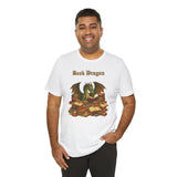 White crewneck t-shirt worn by model, “Book Dragon” graphic over stacked books