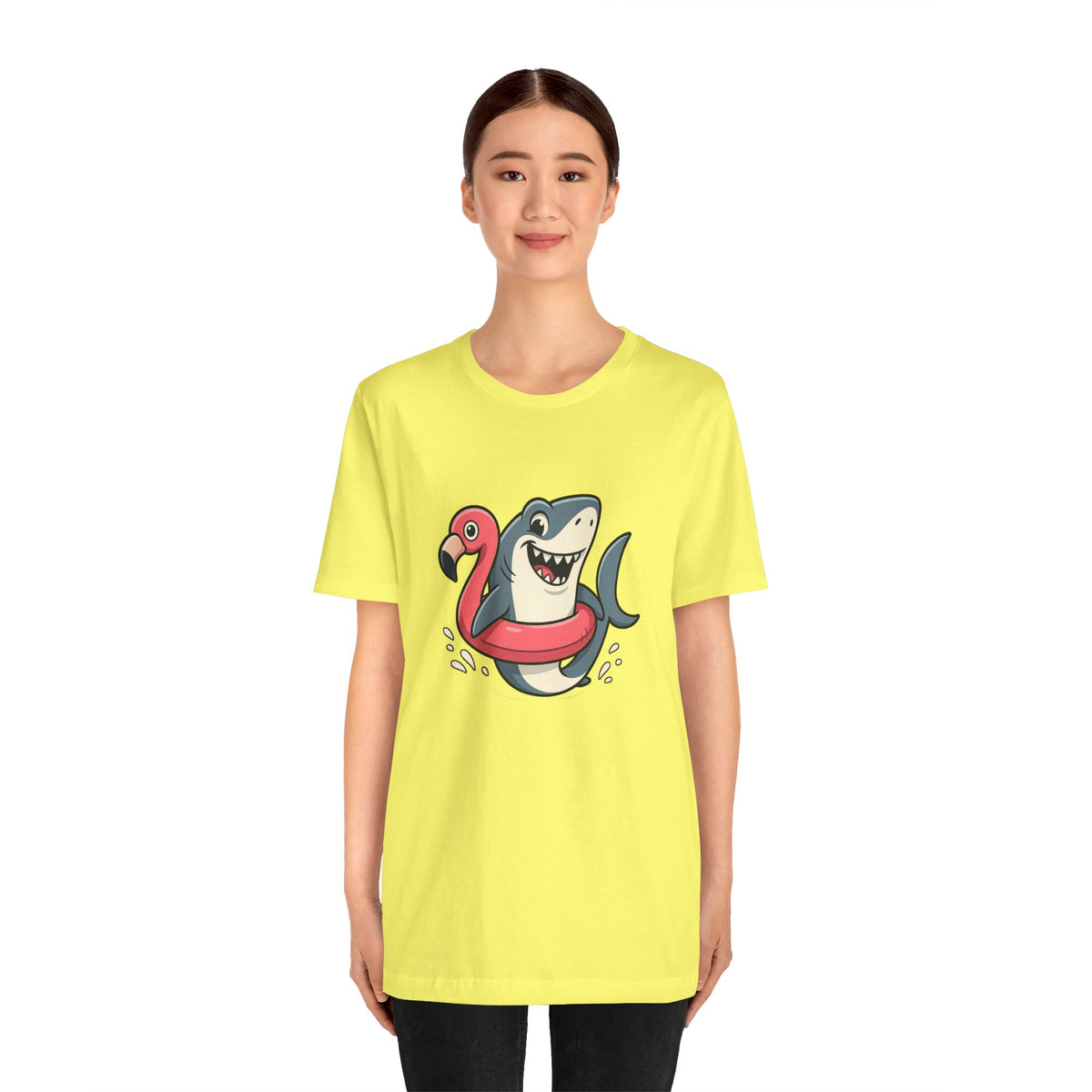 Lime yellow crewneck T-shirt with shark and flamingo float graphic, front view
