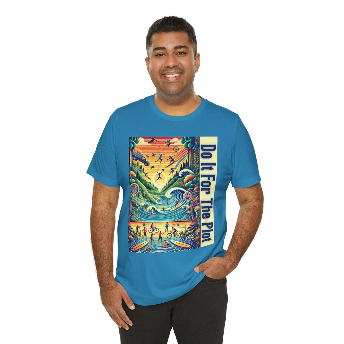 Aqua crewneck t-shirt with colorful "Do It For The Plot" graphic on front
