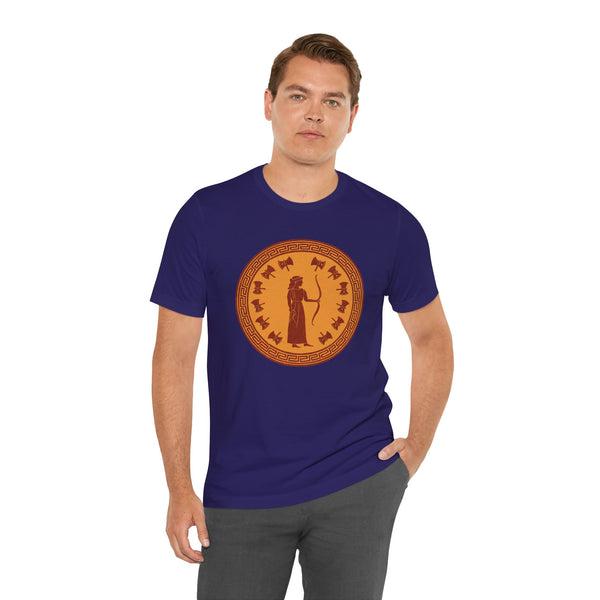 Navy crewneck T-shirt with large circular orange Greek-style figure print on chest