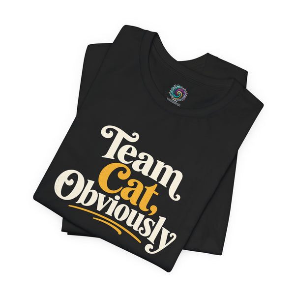 Black folded crewneck t-shirt with 'Team Cat, Obviously' cat slogan print