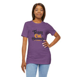 Purple crew neck T-shirt with 'Team Cat, Obviously' cat-themed text graphic.