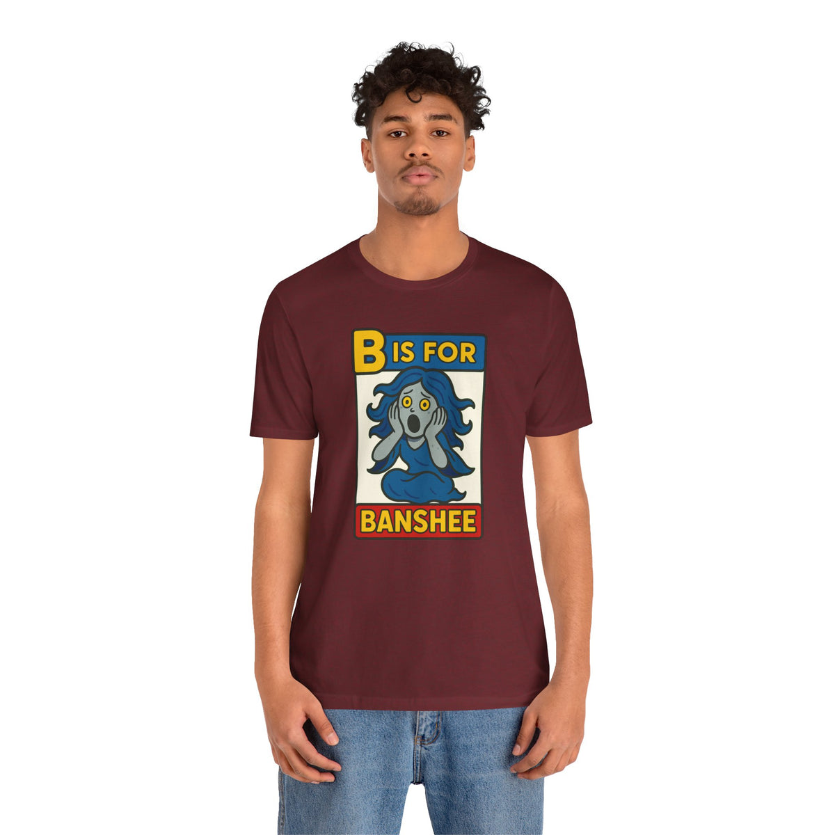Maroon T-shirt with 'B is for Banshee' alphabet graphic on the front