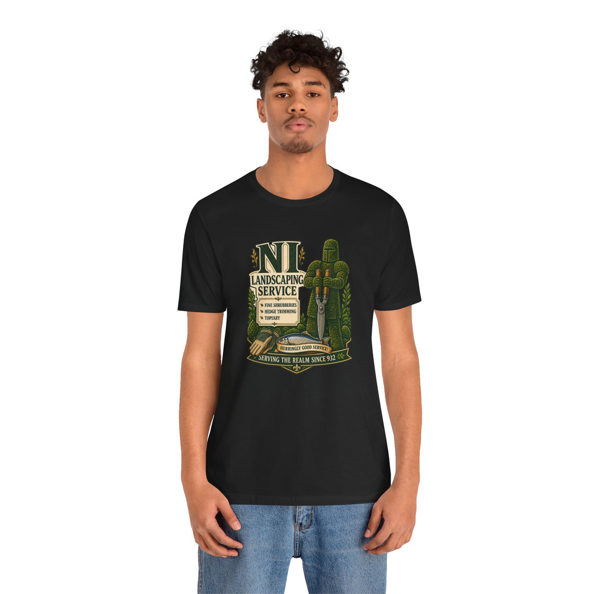 Black crew-neck T-shirt with landscaping service graphic, front view on male model