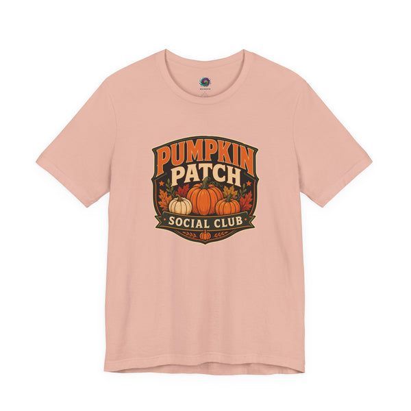 Peach graphic T-shirt with Pumpkin Patch Social Club pumpkin logo